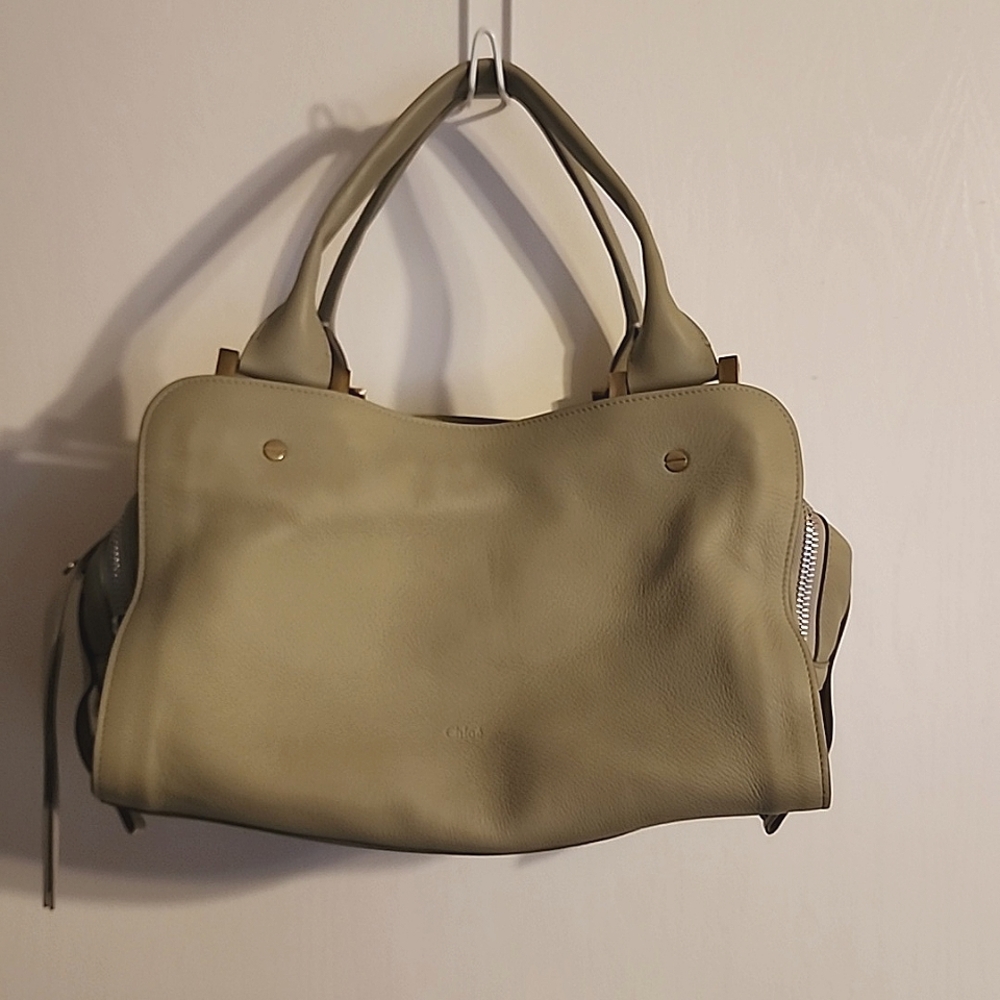 Chloe LG lambskin leather Dalston handbag, green and tan with 3 zipper detail